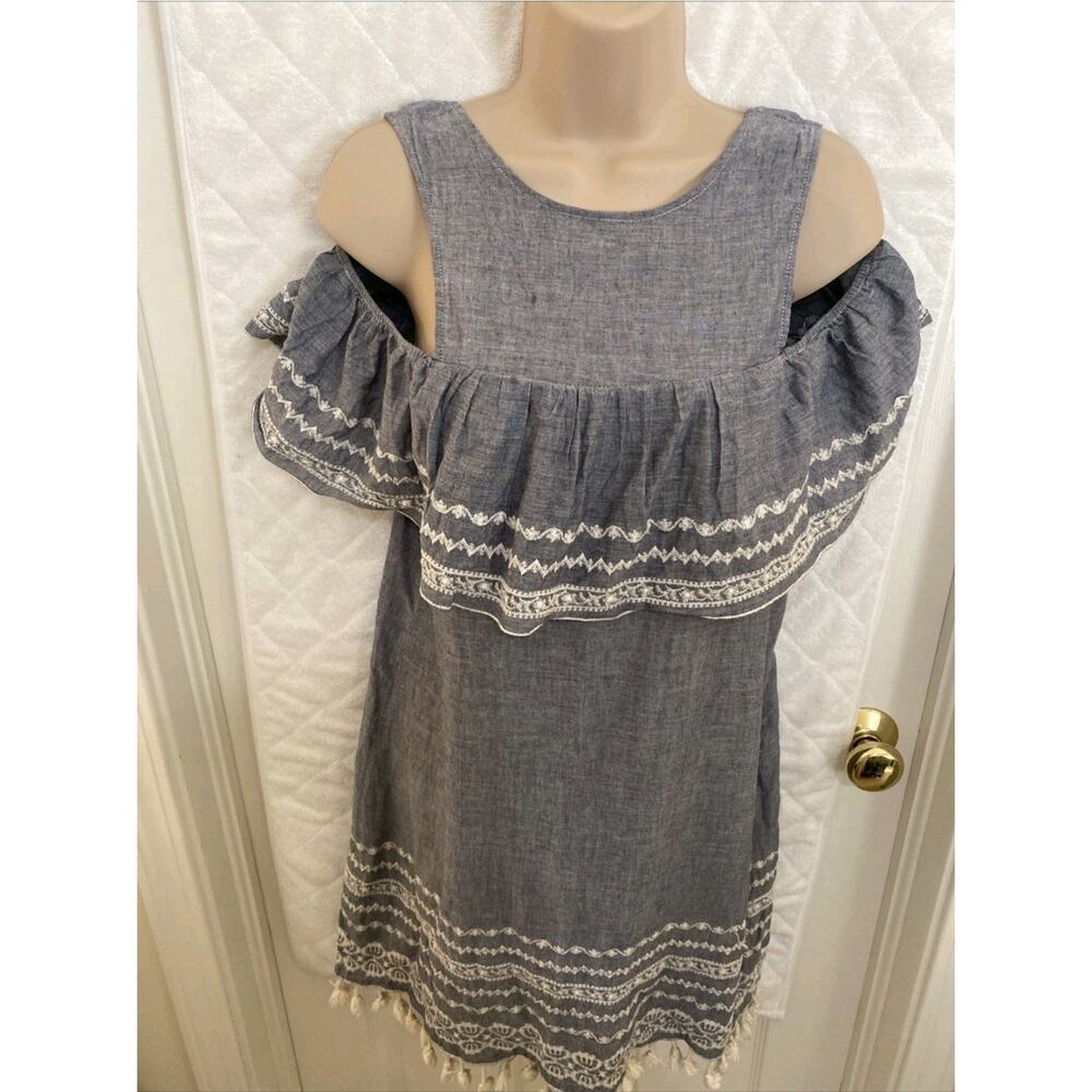 Mi Ami Francesca Blue Cold Shoulder Dress White Fringe Lace Sz L Western Boho - Picture 2 of 8
